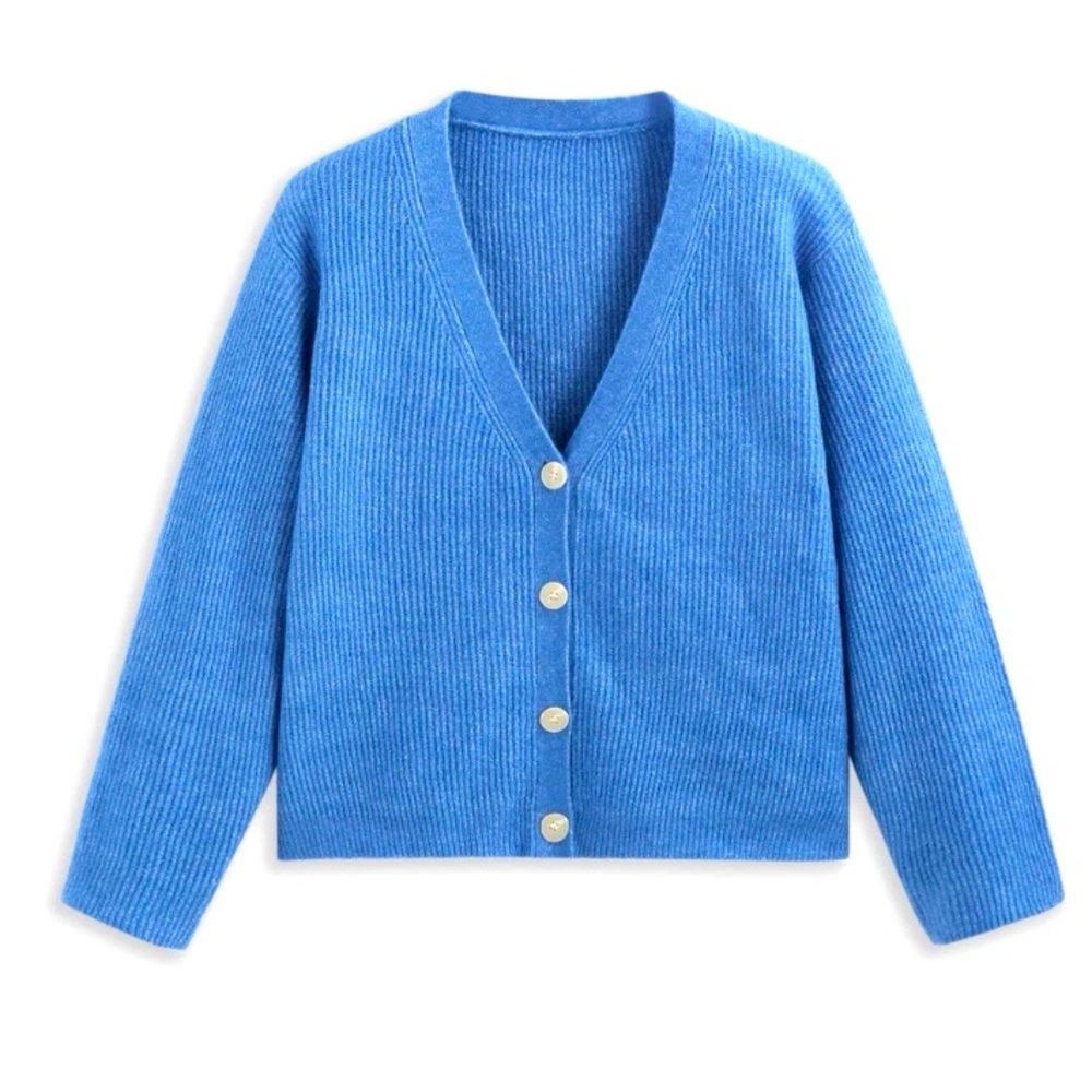 Cider Blue Knit V-Neck Solid Button Sweater Cardi… - image 1